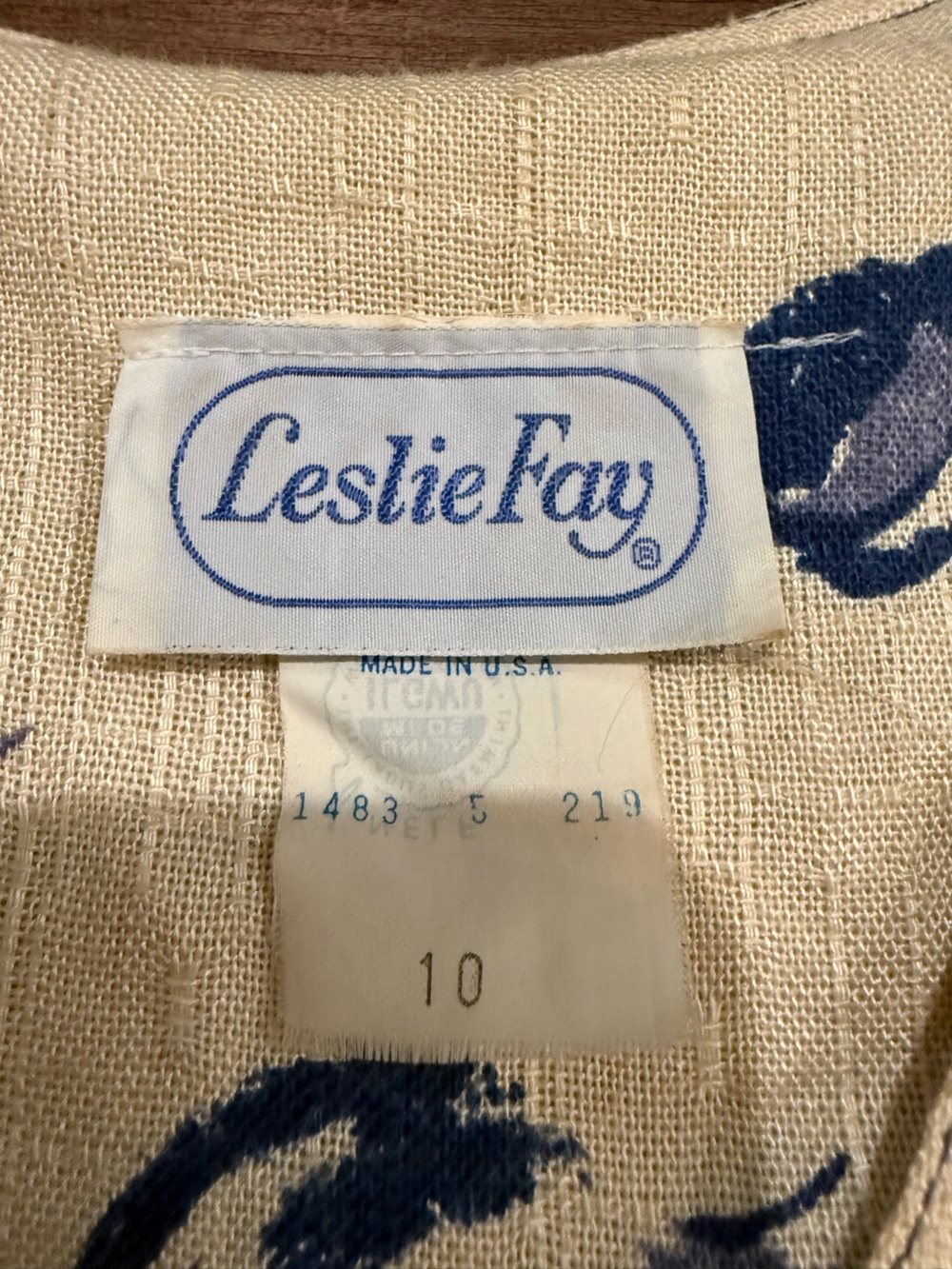 Vintage Leslie Fay Blue Leaf Print Midi Dress W/ Union Tag- Cream & Navy Sz 10 - Picture 5 of 10